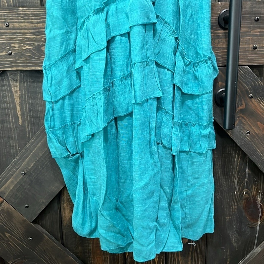 J Gee Maxi Dress S Teal Green‎ Blue Tiered Ruffle Boho Smocked Flutter Lace Trim - Picture 12 of 14